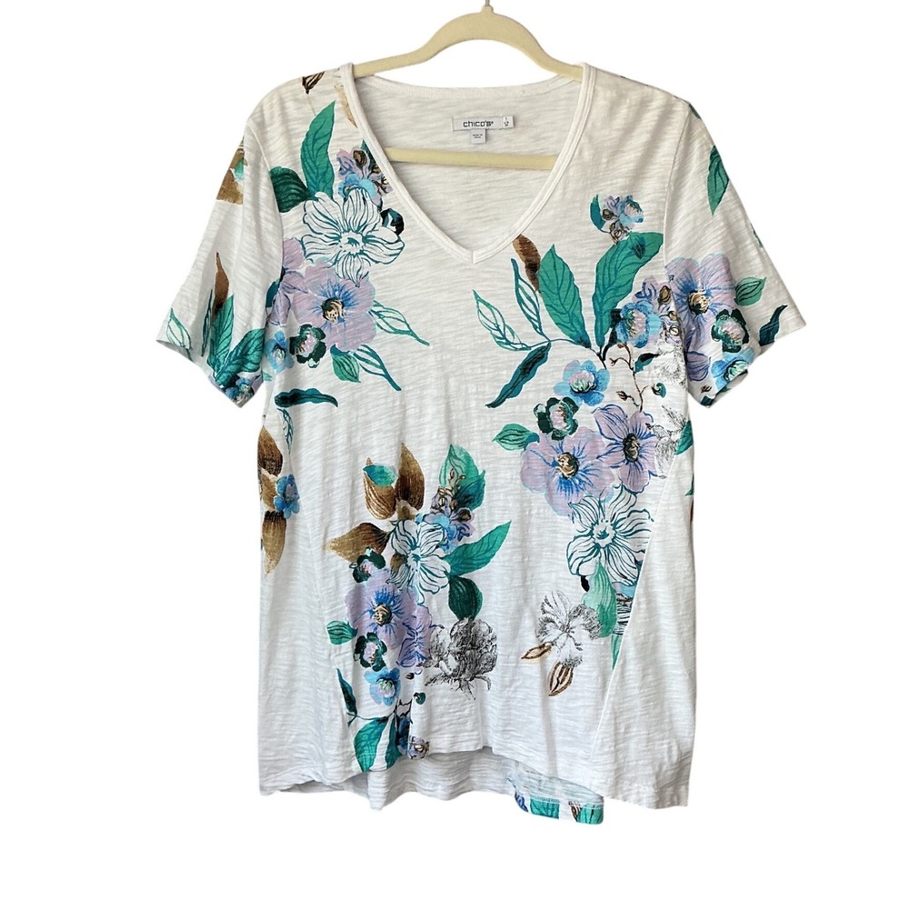 Chicos Womens White Floral V-Neck Slub Knit Short Sleeve‎ T-Shirt Size 1 M